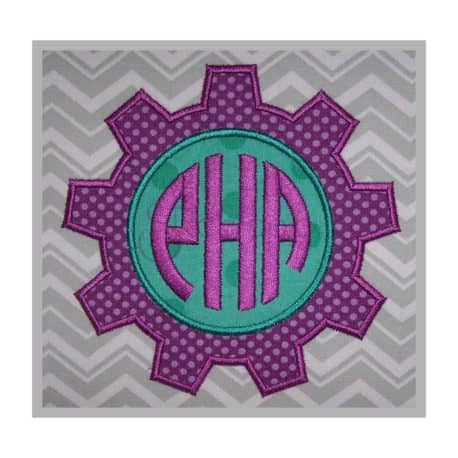 Stitchtopia Gear Applique Frame 2 Fabric with Circle 3-Letter Monogram Set
