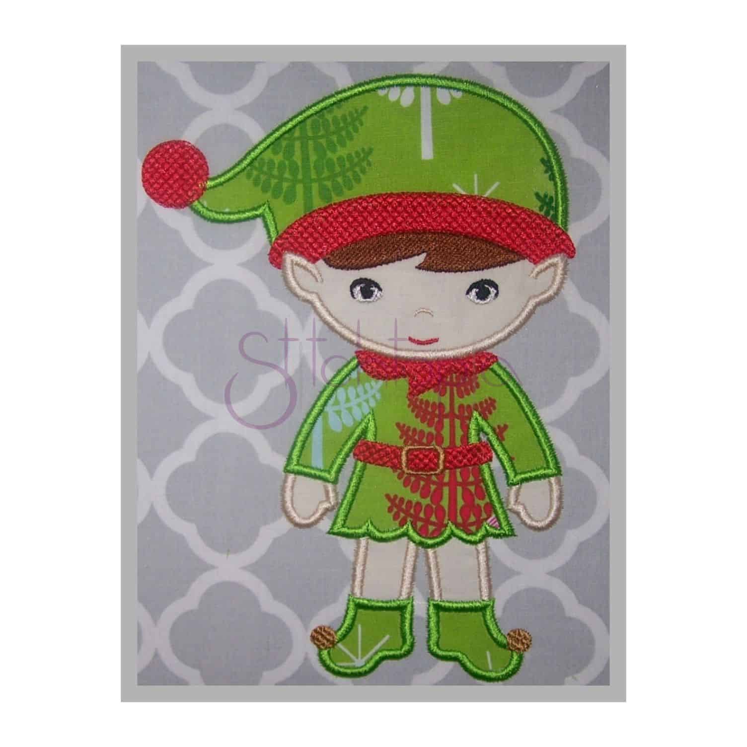 Christmas Elf Girl with Gift Sketch Machine Embroidery Design Multiple Sizes Quick Stitch